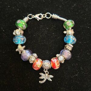 Murano Glass Bead Dragonfly Charm Bracelet Silver Tone